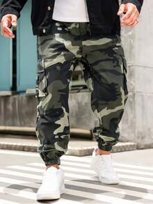 Manfinity Roughcore Plus Size Men Camouflage Print Cargo Pants With Pockets And Cuffed Hem - Multicolor - View 3