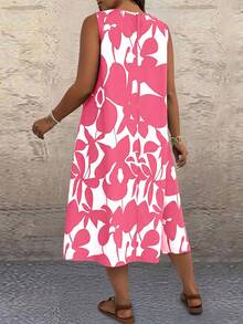 Linhara CURVE Plus Size Women Geometric Print Round Neck Casual Sleeveless Dress - Pink - View 2