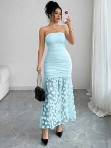 SHEIN Franclia Đầm dạ hội sang trọng, thanh lịch, phối ren hoa tương phản, eo thắt gọn, màu trơn, kiểu dáng gợi cảm dành cho phụ nữ. - Màu xanh nhạt - Xem 4