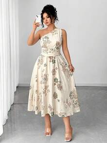 Vestido elegante de mujer de talla con estampado floral azul y blanco, elegante y chic para fiestas, graduaciones, vacaciones, festivales, citas, bodas y salidas - Albaricoque - Ver 4