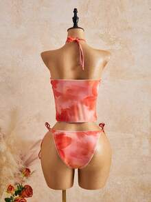 Swim Glamine 两件套甜美花卉印花黄色格子比基尼套装，休闲春夏海滩派对度假 - 彩色 - 查看 2