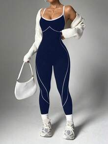 SHEIN Sports 大码女式条纹撞色修身运动连体裤 - 藏蓝色 - 查看 9
