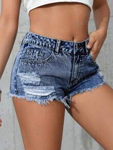 SHEIN PETITE Quần short denim nữ kiểu dáng thường ngày, rách gấu. - Rửa trung bình - Xem 3