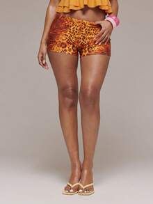 MUSERA Slinky Animal Print Low Rise Fitted Micro Shorts Hotpants Spring Summer Ibiza Festival Holiday Vacation Cute Y2k Night Out Club - Orange - View 3