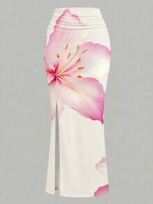 Teen Girl Floral Print Asymmetric Ruched Fitted Two Pieces Set, Casual Summer/Vacation Outfit - Multicolor - View 3