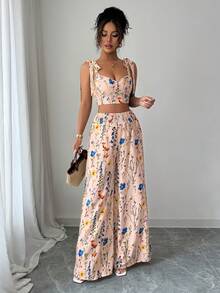Elenzga 2pcs/Set Women's Spaghetti Strap Backless Design + High Waist Wide Leg Pants Vacation Pink Floral Summer Boho - Dusty Pink - View 5
