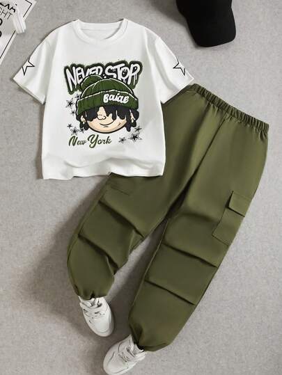Tween Boys' New Summer Graphic Round Neck T-Shirt & Pleated Cargo Pants 2 Pieces Casual Sports Set
