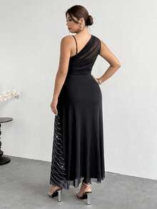 Firerie Đầm maxi dáng ôm không tay, thanh lịch, tối giản, thời trang dành cho nữ cỡ lớn, phù hợp cho công sở, đi làm, lễ hội âm nhạc, du lịch biển, với chi tiết đính sequin xuyên thấu, cổ áo bất đối xứng và xếp ly. - màu đen - Xem 4
