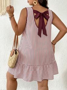 SHEIN Frenchy Plus Size Women Striped Backless Ruffle Hem Casual Sleeveless Dress - Red - View 2