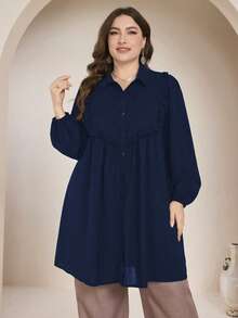 Graceveil Plus Size Casual Solid Color Long Sleeve Loose Regular Shirt, Spring/Autumn Fall - Navy Blue - View 5