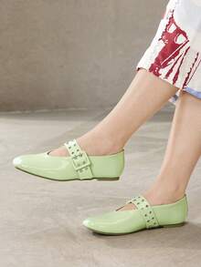 MOTF PREMIUM WOMEN SHOES NEW FRENCH RETRO FASHION LIGHT GREEN PU LEATHER DOUBLE-BREASTED RIVET BUCKLE SQUARE TOE FLAT-SOLED SHOES, COMFORTABLE AND VERSATILE, LIGHTWEIGHT AND NOT TIRED FEET, SIMPLE ATMOSPHERE, CASUAL AND HIGH-END FOREIGN MARY JANE SHOES - Light green - View 2
