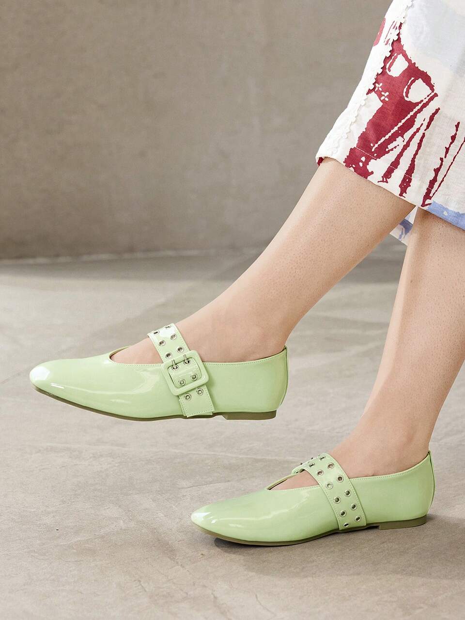 WOMEN SHOES NEW FRENCH RETRO FASHION LIGHT GREEN PU LEATHER DOUBLE-BREASTED RIVET BUCKLE SQUARE TOE FLAT-SOLED SHOES, COMFORTABLE AND VERSATILE, LIGHTWEIGHT AND NOT TIRED FEET, SIMPLE ATMOSPHERE, CASUAL AND HIGH-END FOREIGN MARY JANE SHOES