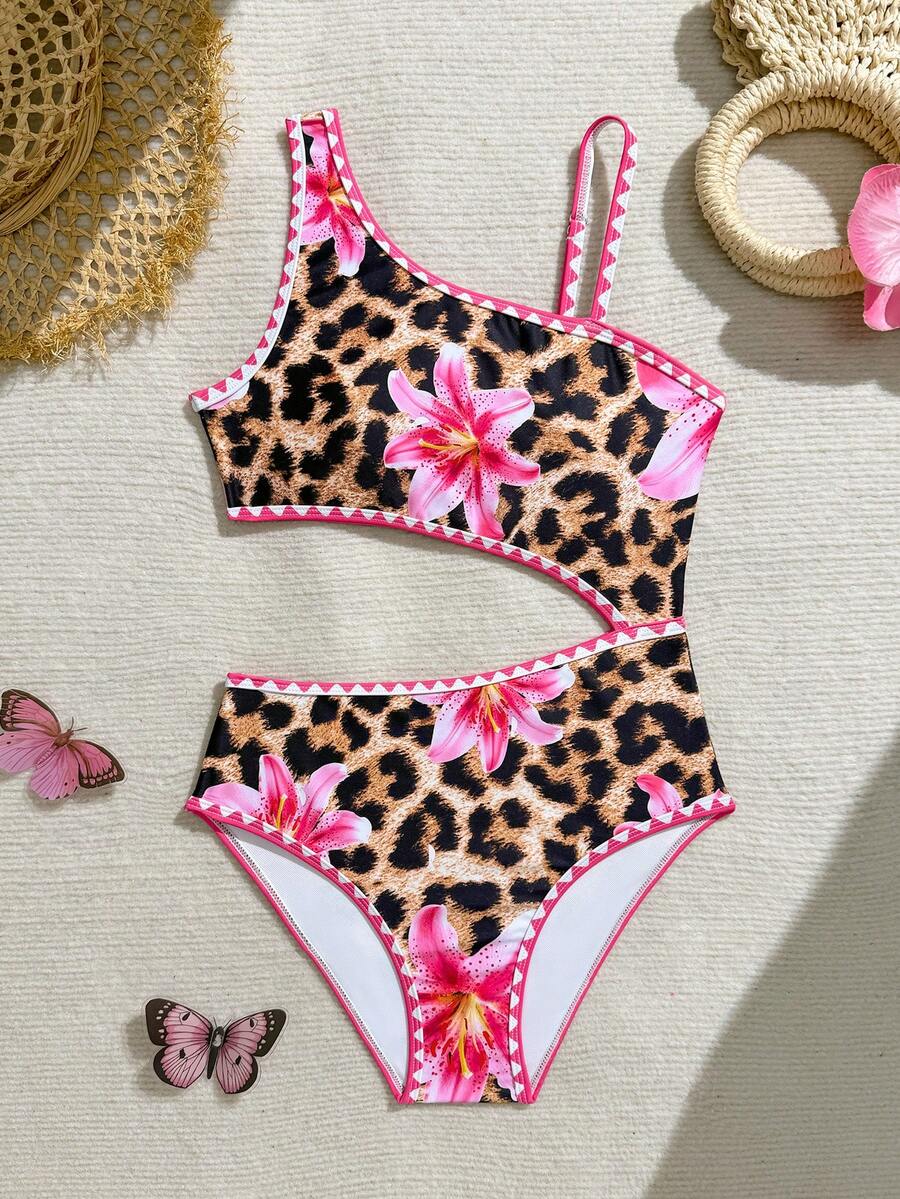 SHEIN 少女碎花连体泳衣,带荷叶边 - 彩色 - 查看 1