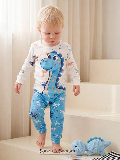 Cozy Pixies Young Boy Cartoon Dinosaur Print Casual Snug Fit Long Sleeve Crew Neck Loungewear Set, Suitable For All Seasons