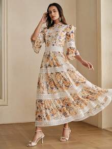 Anewsta Vestido maxi elegante y de alta gama para mujer con diseño de cintura estilizante, estampado digital de contraste y encaje, volantes en el bajo, sin mangas, para resort y citas, primavera/verano - Multicolor - Ver 5