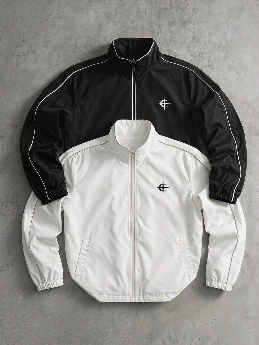 PAVTROS Chaqueta casual de manga larga con rayas de color contrastante para hombre - Negro - Ver 1