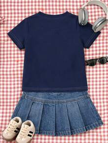 SHEIN Playful Pals 女嬰海軍藍與白色數字印花圓領短袖T恤 夏季休閒返校職業日 幼兒套頭上衣 適合6M-3T - 藍色 - 查看 2