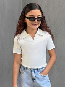 Dazy Kids Tween Girls' Collared Short Sleeve Fitted T-Shirt Summer - White - View 2