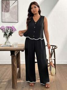 Lounesse Plus Size Women 2 Pieces Set: Single-Breasted Vest And Pants, Casual Vacation Black Outfit Sets For Women Casual Beach Holiday Two Pieces Set For Women - Black - View 7
