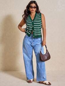 Elaquor Plus Size Women Striped Single-Breasted Casual Knitted Vest In Fall/Winter - Dark Green - View 3