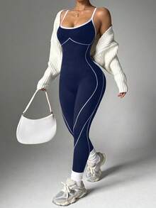 SHEIN Sports 大码女式条纹撞色修身运动连体裤 - 藏蓝色 - 查看 5