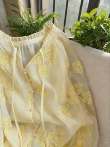 MYSTAURA Áo kiểu nữ tay raglan thêu hoa dáng rộng - Màu vàng - Xem 4