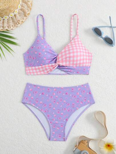 SHEIN Bộ 2 áo tắm tankini kẻ caro và hoa nhí cho bé gái và thiếu niên, chất liệu vải dệt kim co giãn, nhanh khô, thoải mái, thích hợp cho hồ bơi, bãi biển, lướt sóng, kỳ nghỉ, du lịch mùa hè.