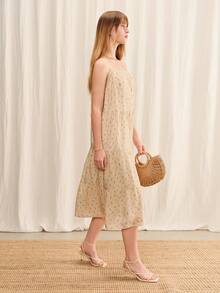 lacRébo Gaun Midi Motif Bunga Krem Gaya Boho, Gaun Longgar, Gaun Kasual Musim Semi dan Musim Panas, Gaun Liburan, Gaun Boho Gaya Prancis - Baby Pink - View 6