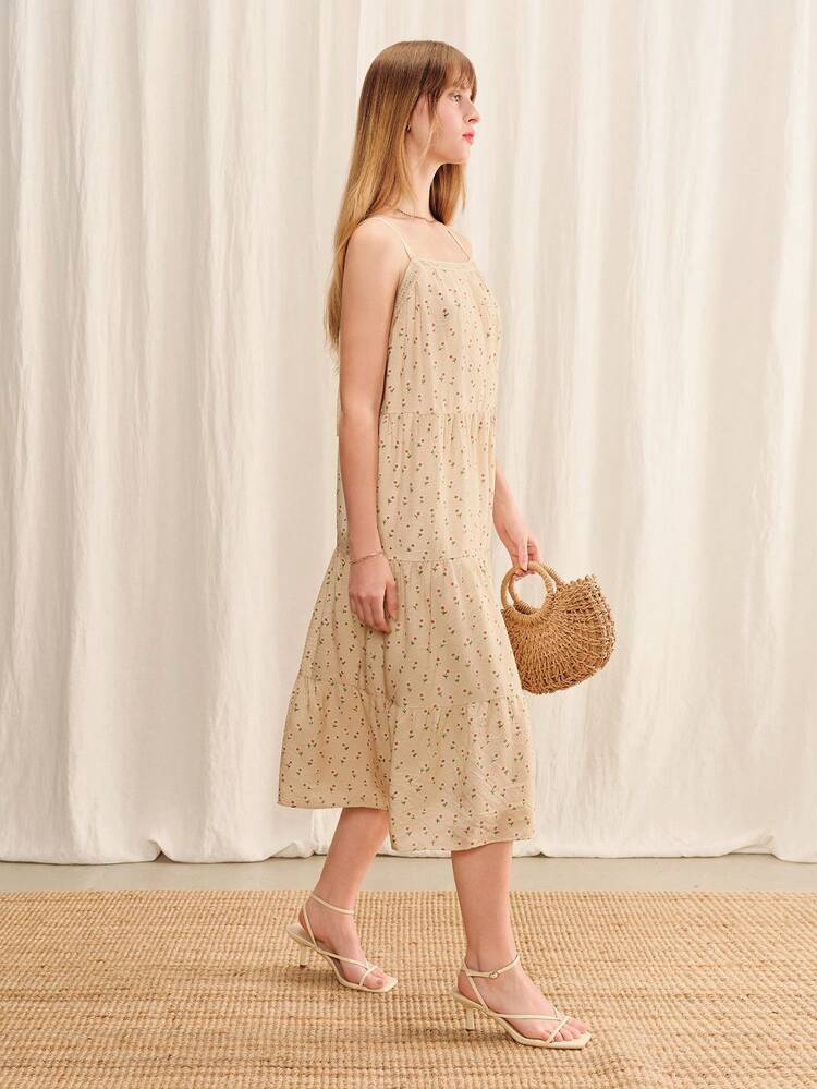 Robe midi bohème à imprimé floral crème, coupe ample, robe décontractée pour le printemps et l'été, robe de vacances, robe de style bohème, robe de style français