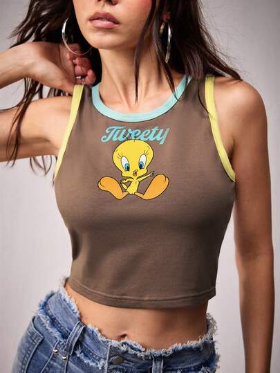 LOONEY TUNES X SHEIN Áo croptop không tay cổ tròn phối màu dành cho nữ, kiểu dáng dễ thương cho mùa hè.