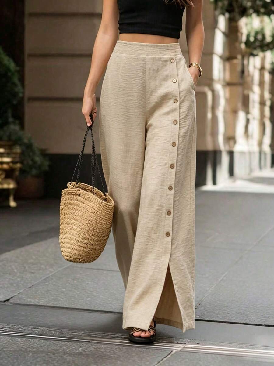 SHEIN Holidaya Solid Color Front Button Casual Vacation Pants - Khaki - View 1