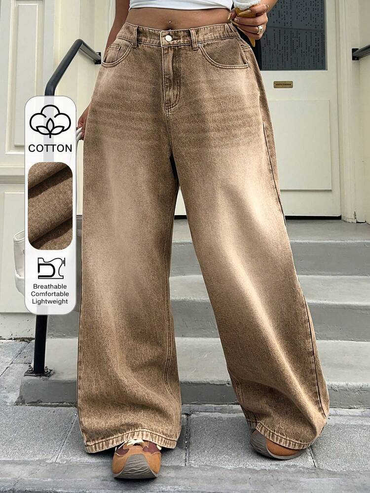 Dazy Plus Washed Distressed Brown Street Style Vintage Denim Jeans, Long Length, Plus Size, Suitable For Spring/Summer & All Seasons