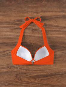 Swim Basics Solid Color Crossed Wrap Halter Bikini Top For Summer Beach Vacation - Orange - View 2