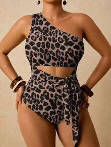 Travachic Vintage Leopard Print Contrast Color Plus Size One-Piece Swimsuit - Multicolor - View 1