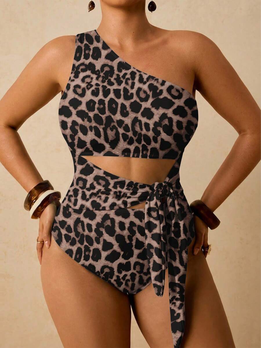Travachic Vintage Leopard Print Contrast Color Plus Size One-Piece Swimsuit - Multicolor - View 1