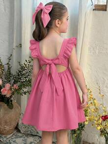 LMoss Kids Young Girl Woven Solid Color Square Collar Ruffle Hem Casual Dress - Hot Pink - View 7