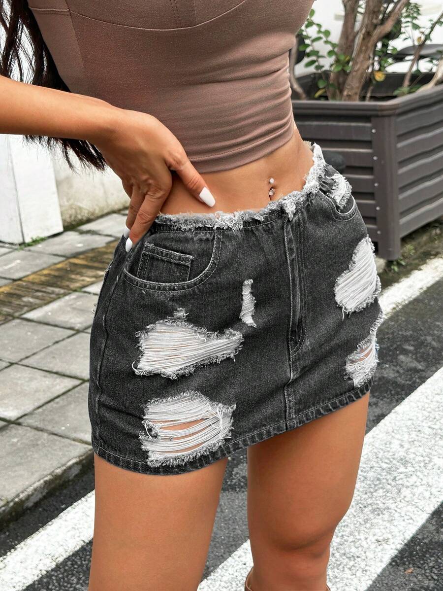 SHEIN ICON 女士时尚百搭做旧口袋纽扣牛仔迷你裙 - 黑色 - 查看 1