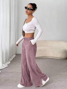 Unity Pantalones largos rectos y sueltos con abertura lateral de pana de moda casual para mujer, para otoño/invierno - Rosa Pálido - Ver 3
