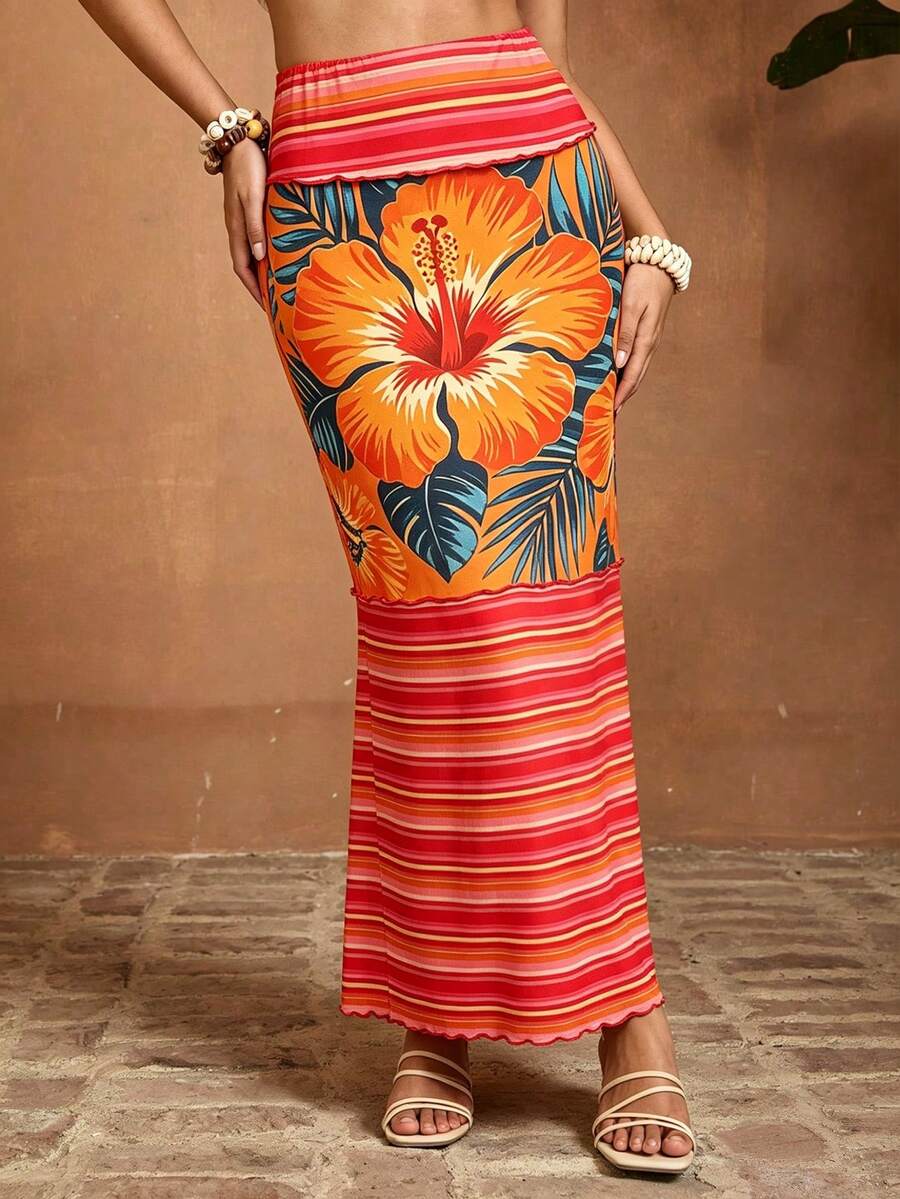 EMERY ROSE Summer Floral Print Foldover Waist Patchwork Knit Bodycon Mini Skirt - Multicolor - View 1