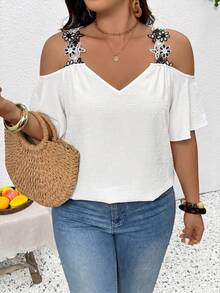 SHEIN Frenchy Plus Size Casual Lace Patchwork Off-Shoulder Blouse - White - View 4