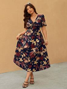 Elaquor Plus Size Casual Vacation Elegant V-Neck Cinched Waist Dress - Multicolor - View 4