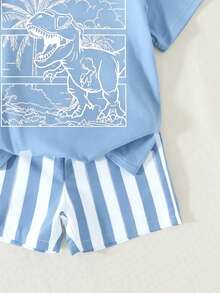 Conjunto de 2 peças para menino, casual, com estampa de dinossauro listrado, camiseta de manga curta com gola redonda e shorts. Ideal para o verão, estilo urbano, uso diário, férias e moda primavera/verão. - Multicolorido - Ver 4
