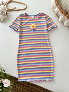 SHEIN Young Girl Knitted Striped Round Neck 3D Floral Casual Dress - Multicolor - View 4