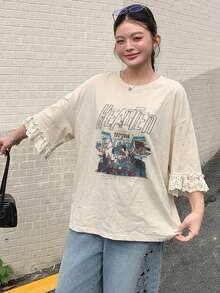 Dazy Plus Spring/Summer Loose Casual Cotton Colorblock Sheer Lace Short Sleeve Letter Print T-Shirt, Versatile For Plus Size Women & Teens Graphic Tee - Apricot - View 4