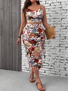 SHEIN VCAY Conjunto de 2 piezas de camiseta de tirantes y falda con abertura en estampado de leopardo talla grande - Multicolor - Ver 3