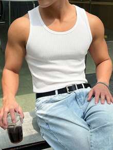 DAZY 白色修身紋理布料休閒男士背心 夏季 - 白色 - 查看 5
