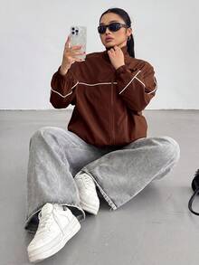 POPSWAY Casual Contrast Color Loose Fit College Street Long Sleeve Lightweight Jacket Fall - Coffee Brown - View 4
