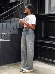 Jeanoix Quần jean denim thêu họa tiết thời trang gợi cảm phong cách Y2K dành cho nữ, kiểu dáng wash. - Rửa tối - Xem 4