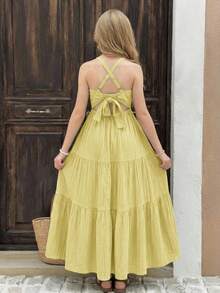 SHEIN Tween Girls' Summer Vacation Casual Bohemian Music Festival Solid Color Ruffle Hem Bowknot Dress, Spring/Summer - Yellow - View 2