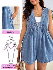 Solflare Áo liền quần denim xếp ly có dây rút dành cho nữ cỡ lớn, kiểu dáng thường ngày, thích hợp mặc hàng ngày. - Màu xanh lam - Xem 1